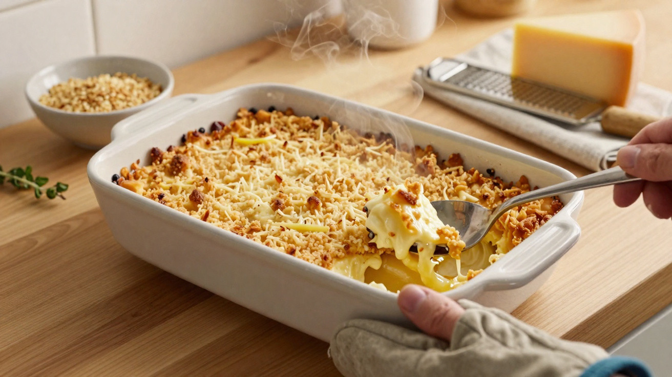 Prato cerâmico com massa gratinada, queijo derretido e crosta dourada, com vapor a levantar-se.