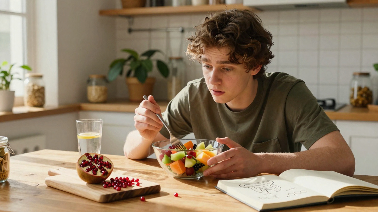 Jovem sentado à mesa a comer uma salada de frutas com romã e kiwi, com livro aberto ao lado na cozinha iluminada.