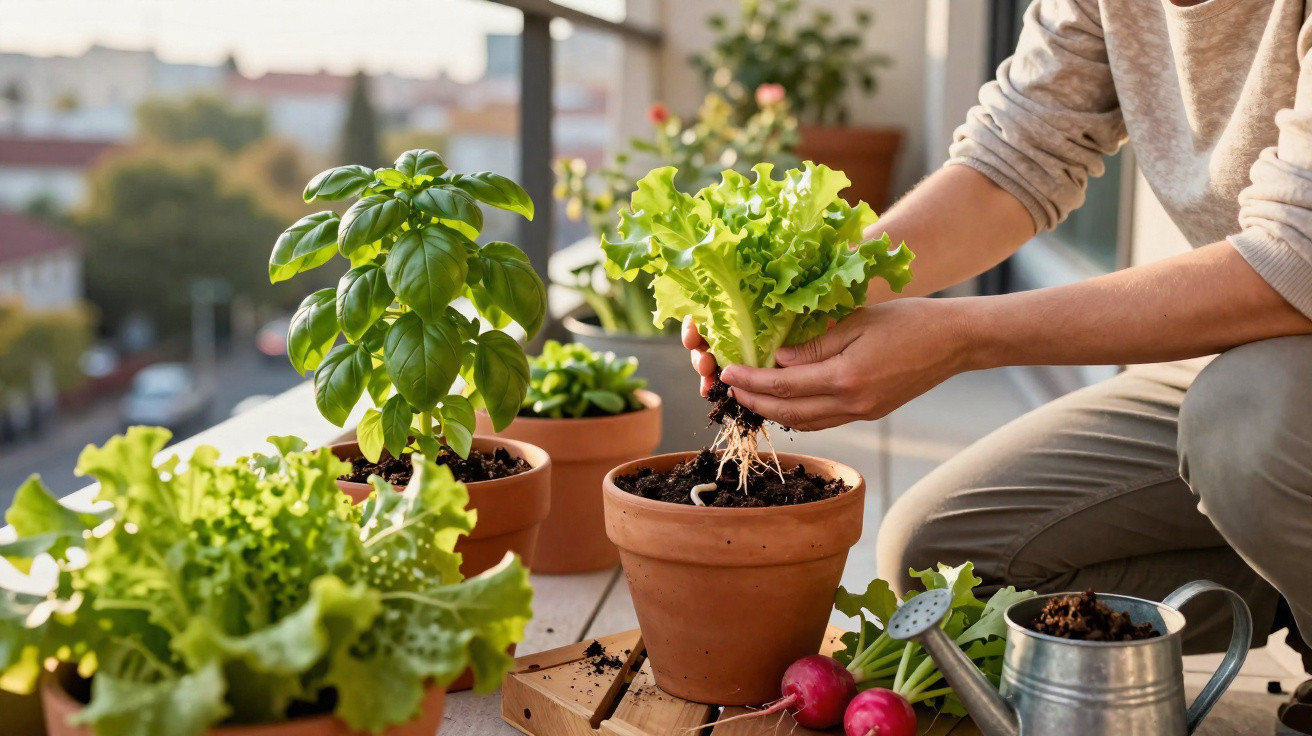 Pessoa a transplantar alface em vaso, rodeada de plantas e legumes frescos num terraço urbano.