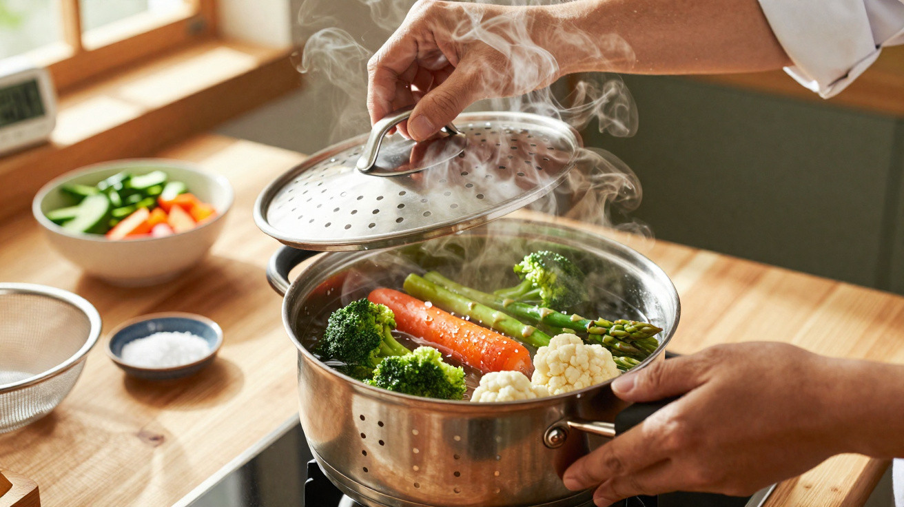 Mão a levantar tampa de cozedor a vapor com brócolos, cenoura, espargos e couve-flor a cozinhar no fogão.