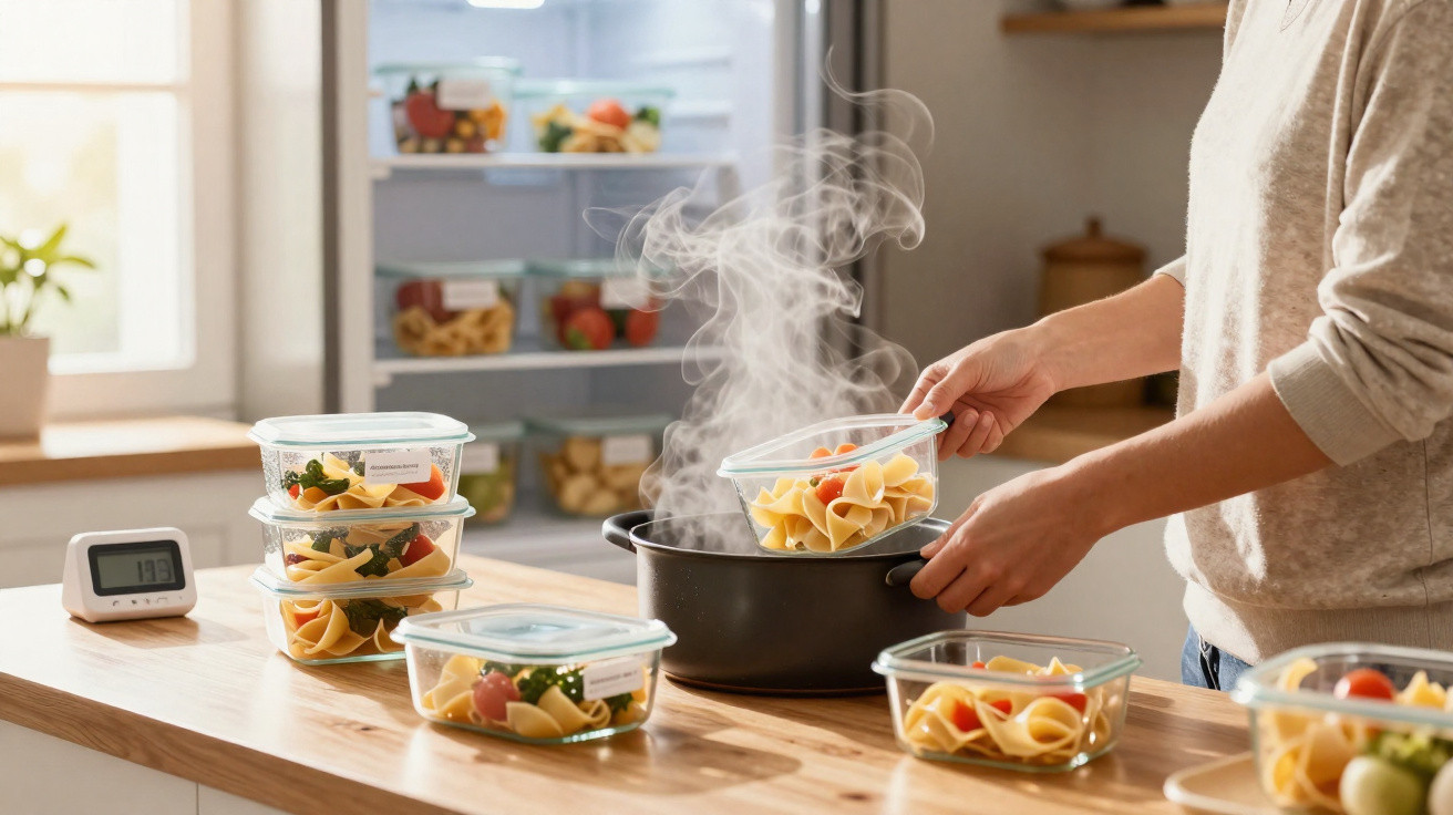 Pessoa a transferir massa cozinhada de tupperware para panela com vapor numa cozinha luminosa.