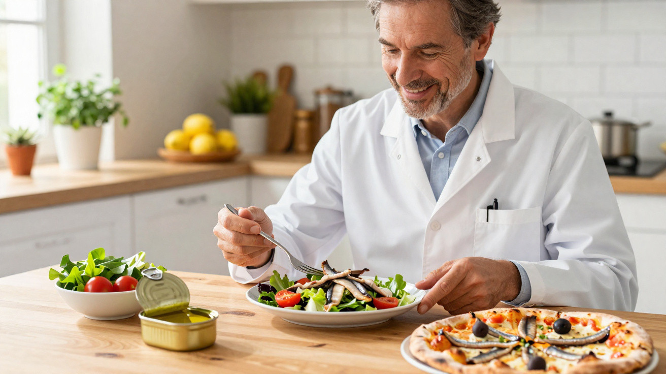 Homem com bata branca comendo salada saudável na cozinha, com pizza e sardinhas enlatadas na mesa.