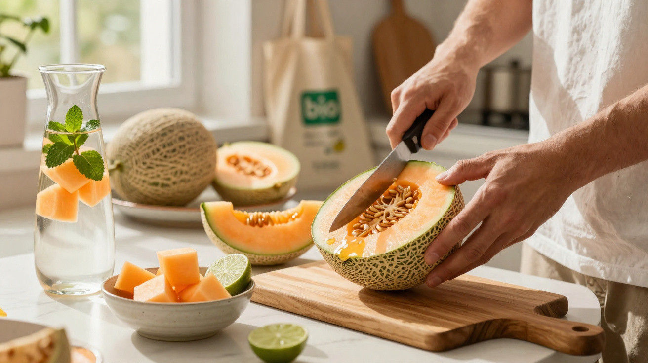 Pessoa a cortar um melão cantaloupe sobre tábua de madeira numa cozinha iluminada e fresca.