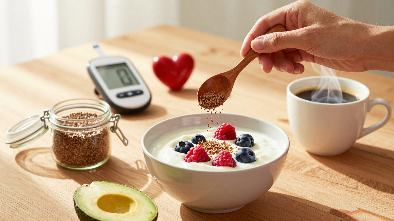 Tigela de iogurte com frutos vermelhos e sementes em forma de coração, chávena de café, abacate e medidor de glicose.