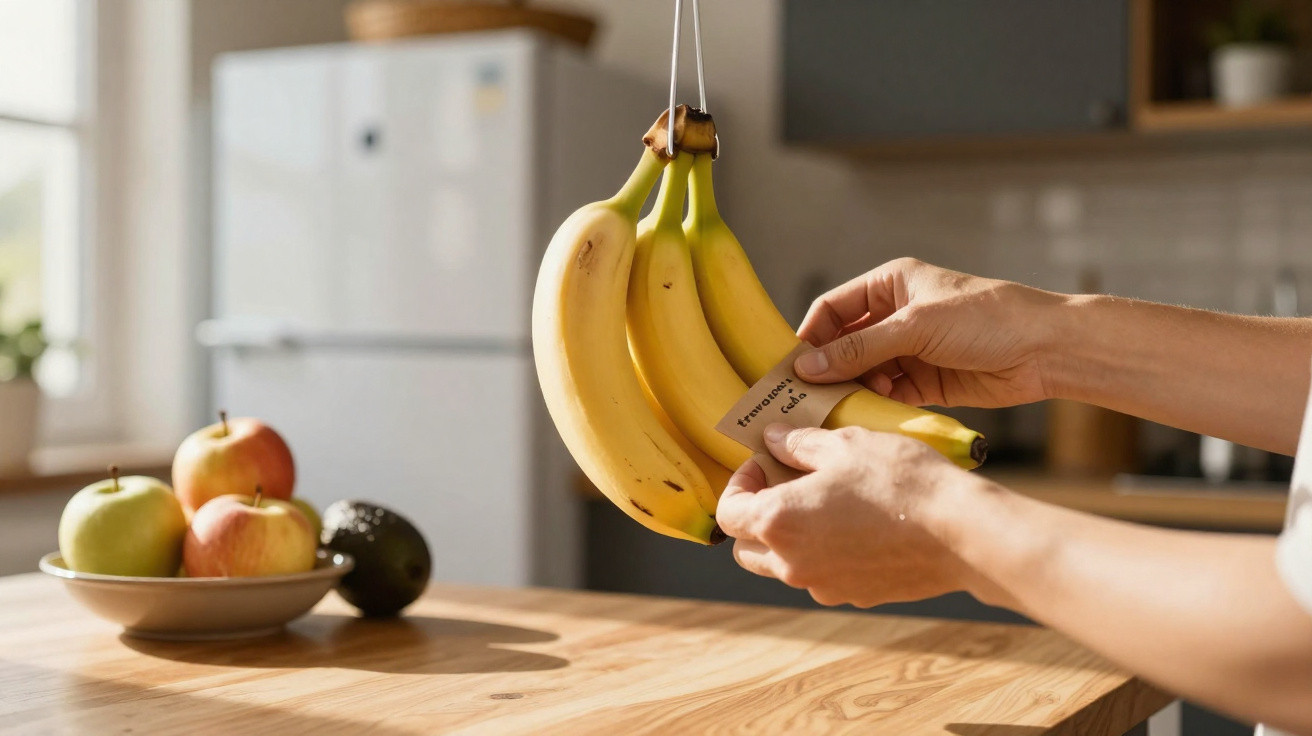 Mãos seguram cacho de bananas amarelas num suporte, com maçãs e abacate numa tigela ao lado na cozinha.