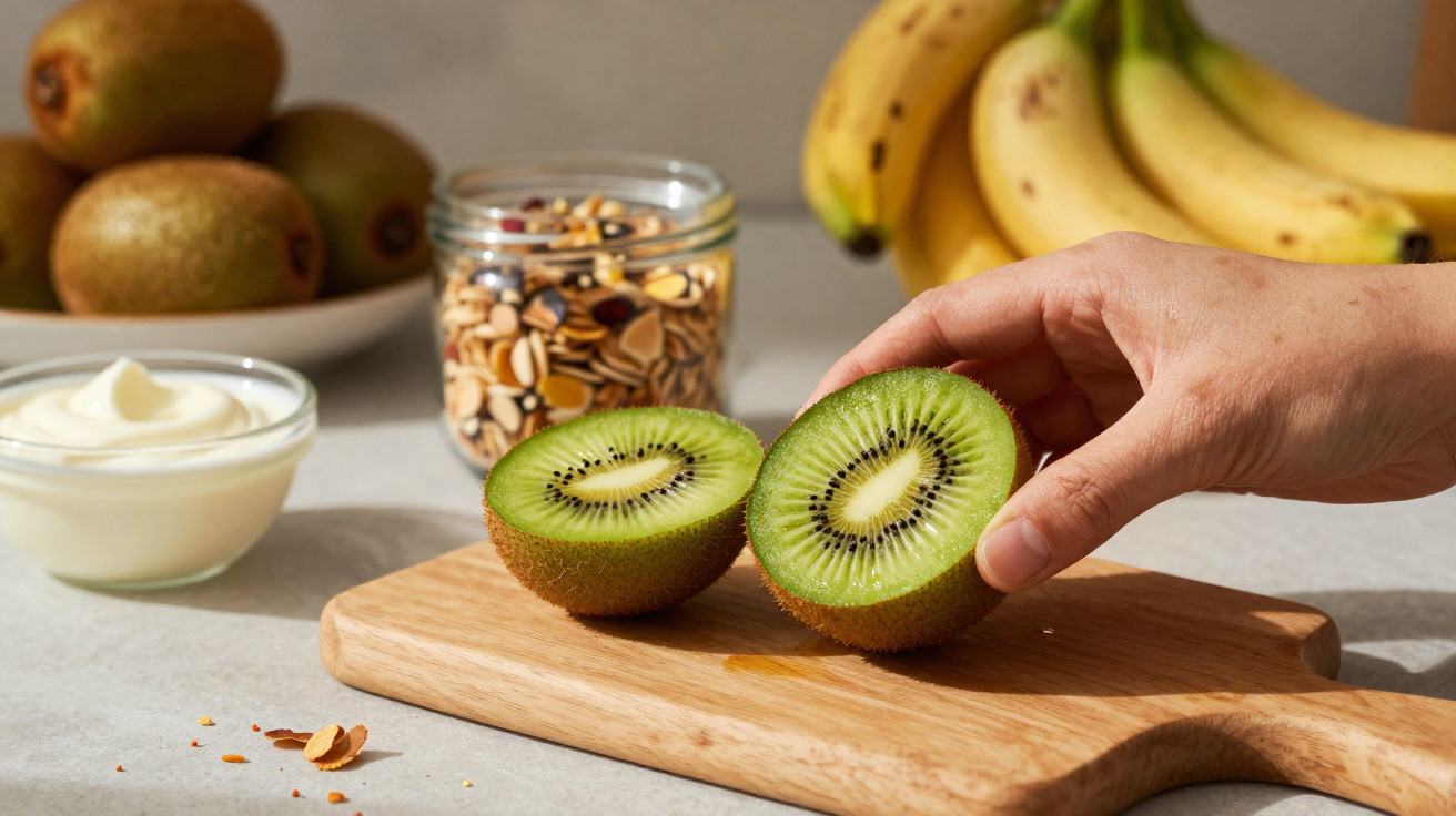 Mão a segurar kiwi cortado ao meio sobre tábua de madeira com iogurte, granola e bananas ao fundo.