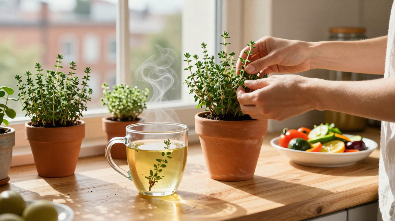 Mão a colher ervas frescas de um vaso, chá quente num copo transparente e prato com legumes na janela.
