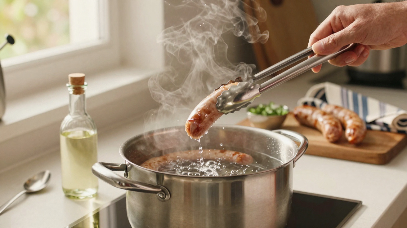 Pessoa a tirar salsicha quente da água com pinça, panela de inox na placa de fogão, garrafa de óleo e salsichas ao fundo.