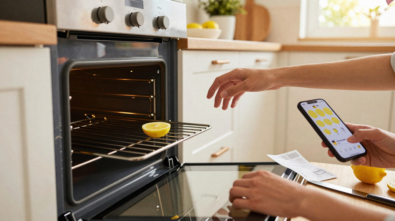 Forno aberto com uma metade de limão numa grelha e mão a segurar um telemóvel com receita digital na cozinha.