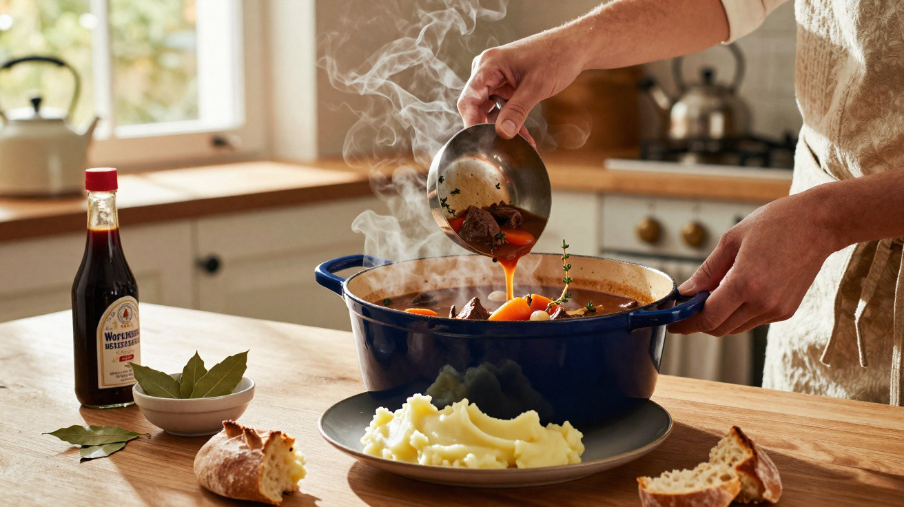 Pessoa a servir ensopado fumegante com legumes sobre puré de batata, pão e molho no balcão da cozinha.