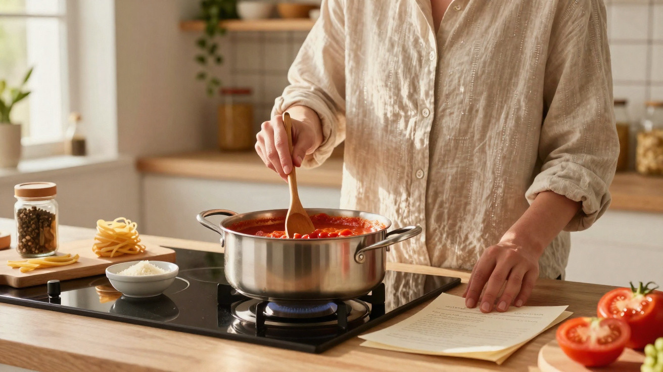 Pessoa a mexer molho de tomate numa panela na cozinha com ingredientes e caderno à frente.
