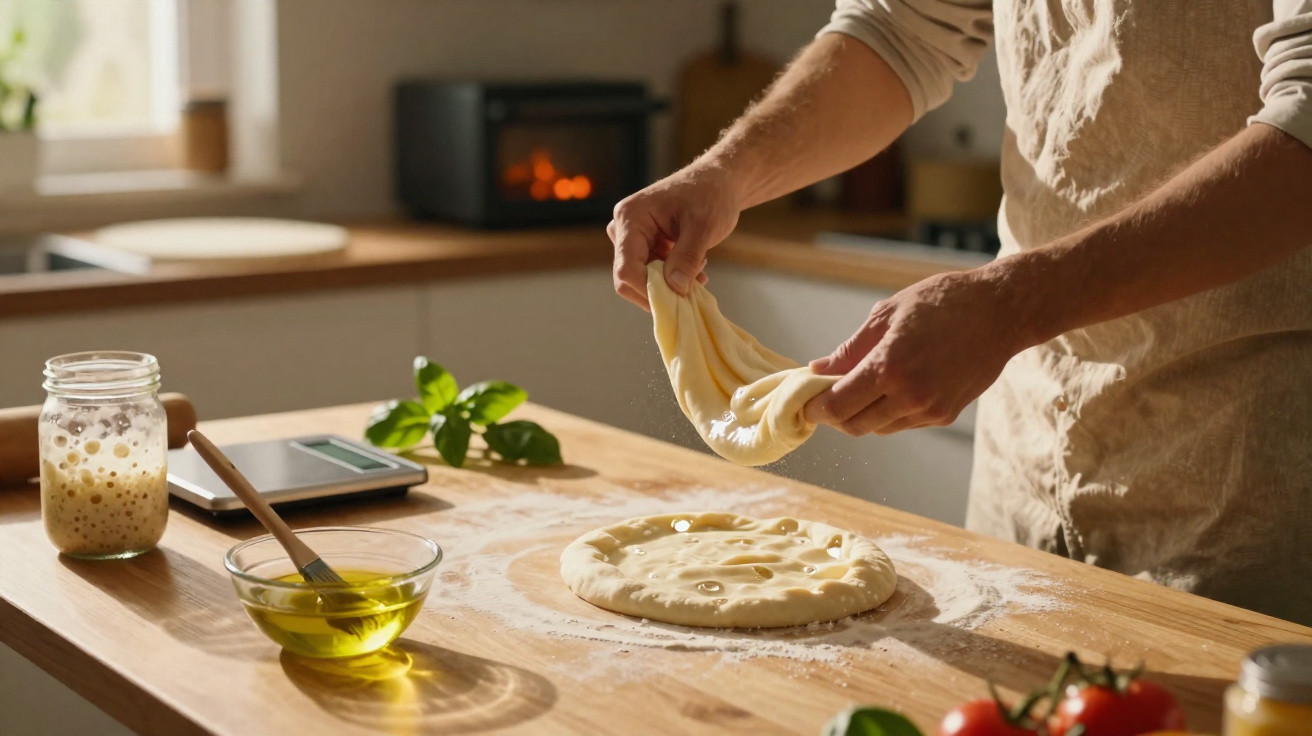 Pessoa estica massa de pizza numa cozinha com ingredientes e forno a lenha ao fundo.