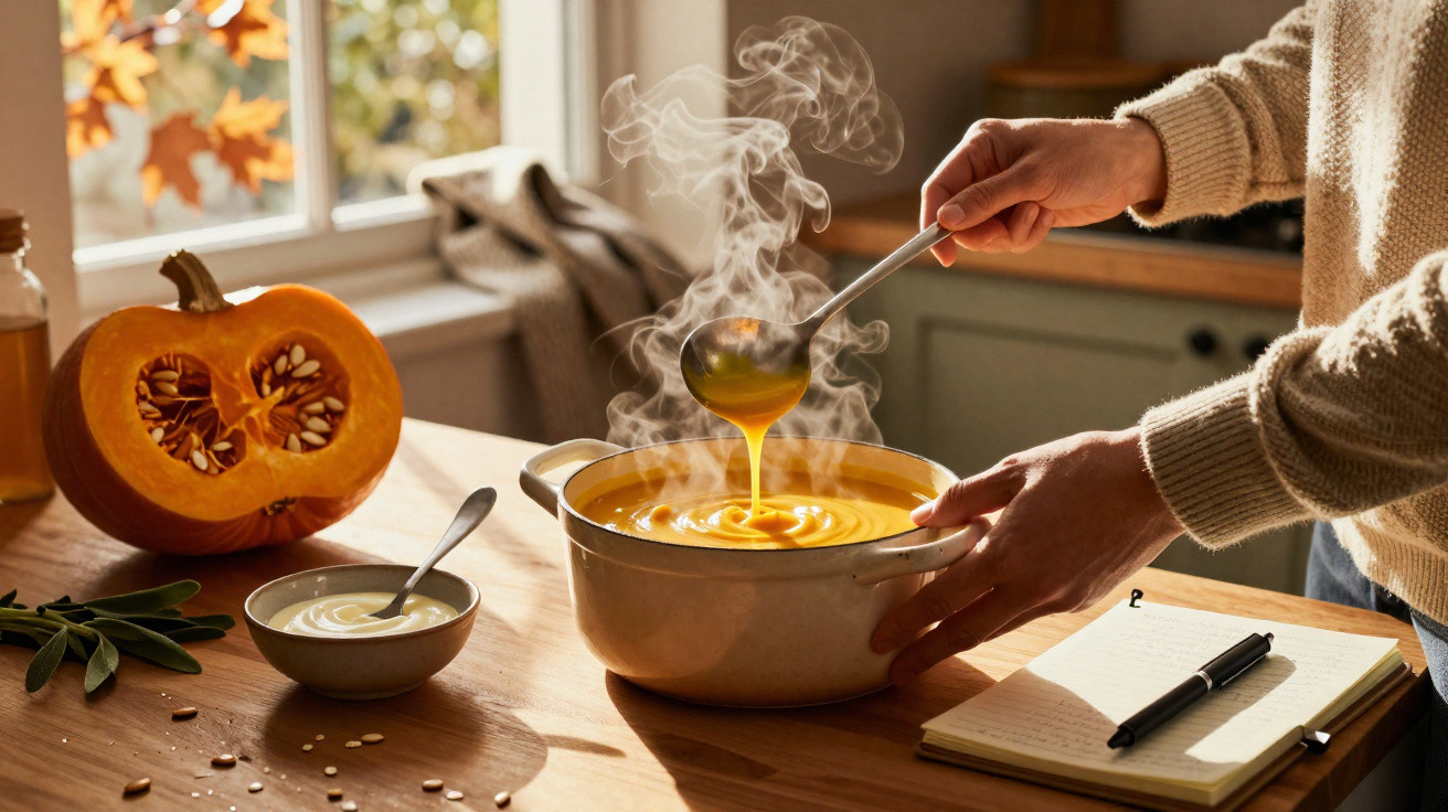 Pessoa a servir sopa quente de abóbora numa panela com notas num caderno e abóbora cortada na mesa.