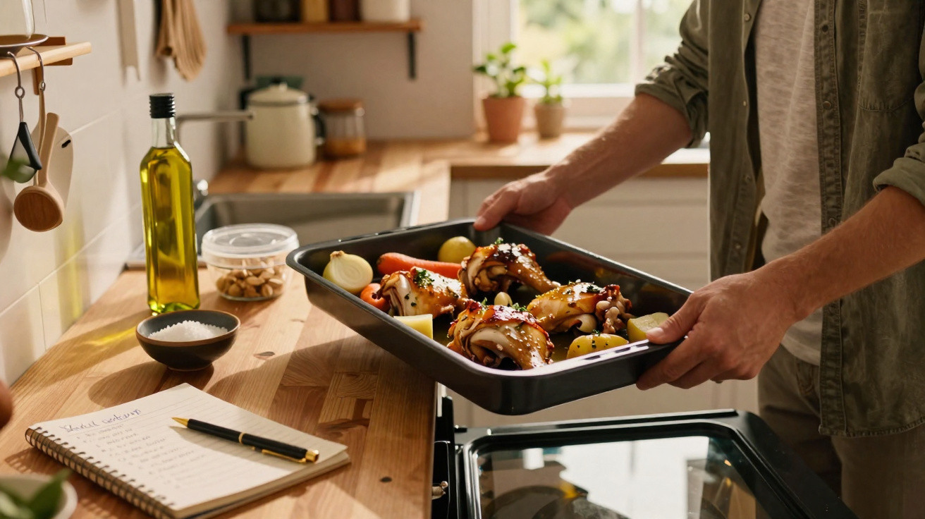 Pessoa a colocar tabuleiro com frango e legumes no forno numa cozinha iluminada e acolhedora.