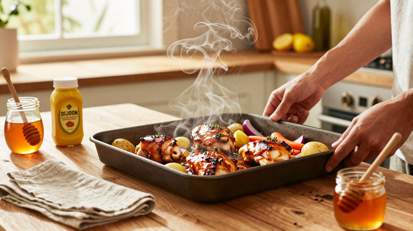 Pessoa a retirar tabuleiro com frango assado, legumes e batatinhas de um forno numa cozinha luminosa.