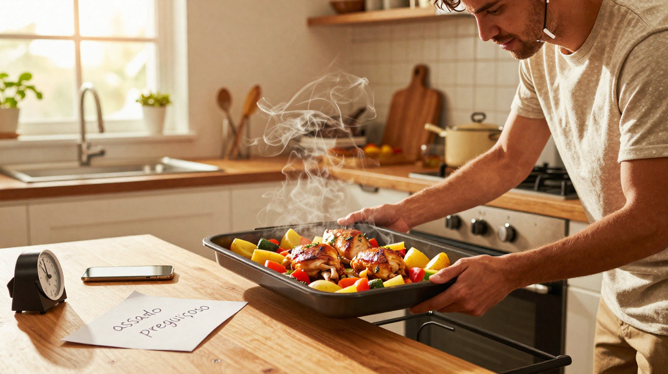Homem a retirar tabuleiro com frango assado, legumes e batatas da mesa da cozinha.