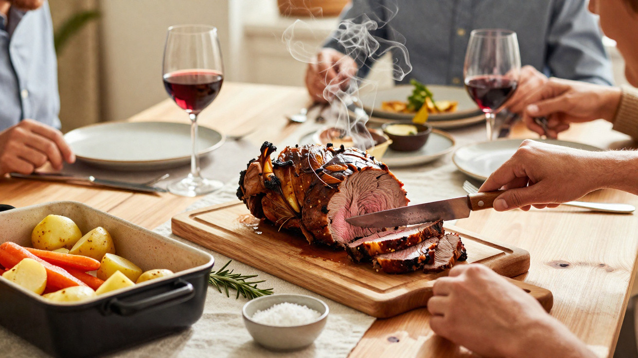 Pessoa a cortar carne assada com legumes e vinho numa mesa de refeição em família.