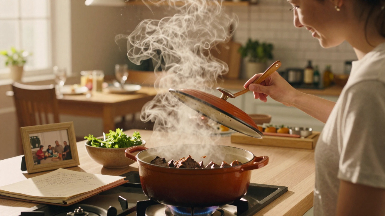 Mulher a cozinhar num tacho com vapor a sair, enquanto outra pessoa levanta a tampa na cozinha acolhedora.