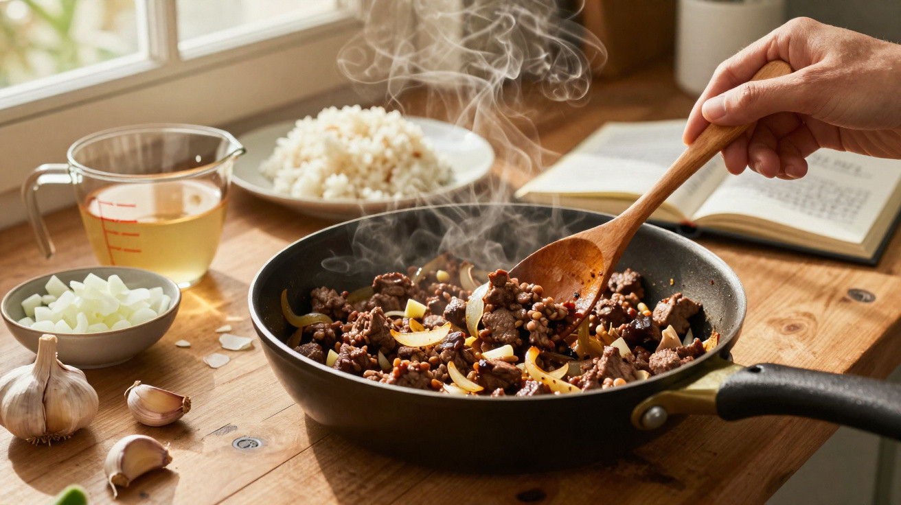 Alguém cozinha carne picada com cebola numa frigideira enquanto vapor sobe, com ingredientes e arroz ao fundo.
