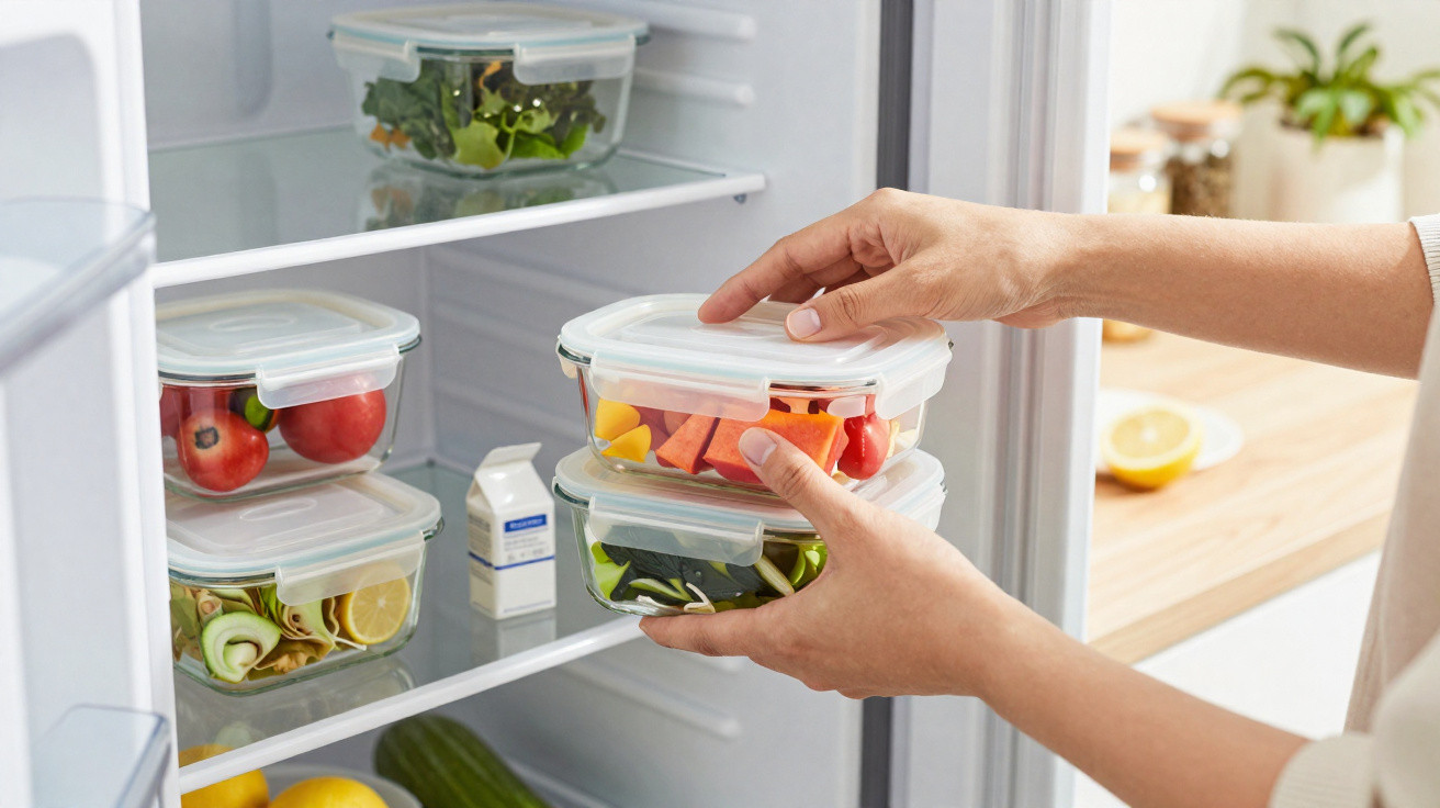 Mãos a colocar três caixas de plástico com legumes e frutas frescas no frigorífico branco.