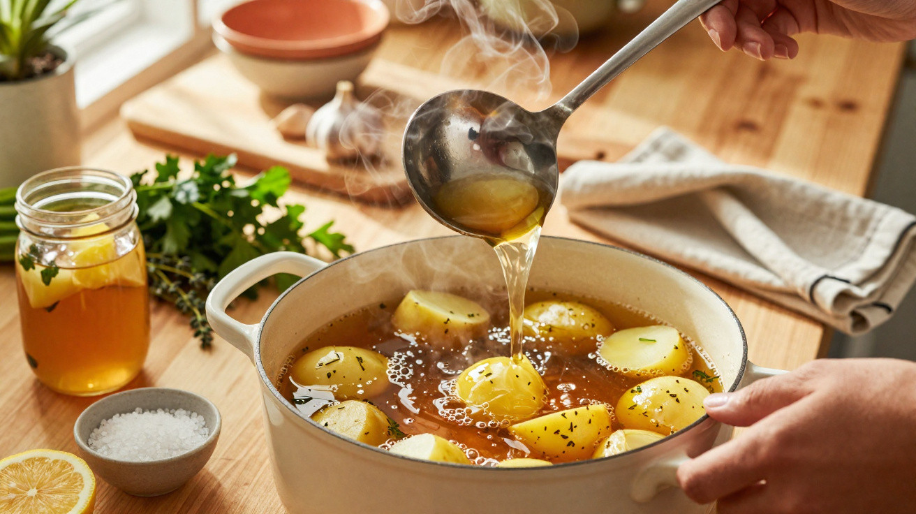 Mãos a preparar sopa quente com batatas e ervas numa panela creme numa cozinha luminosa.