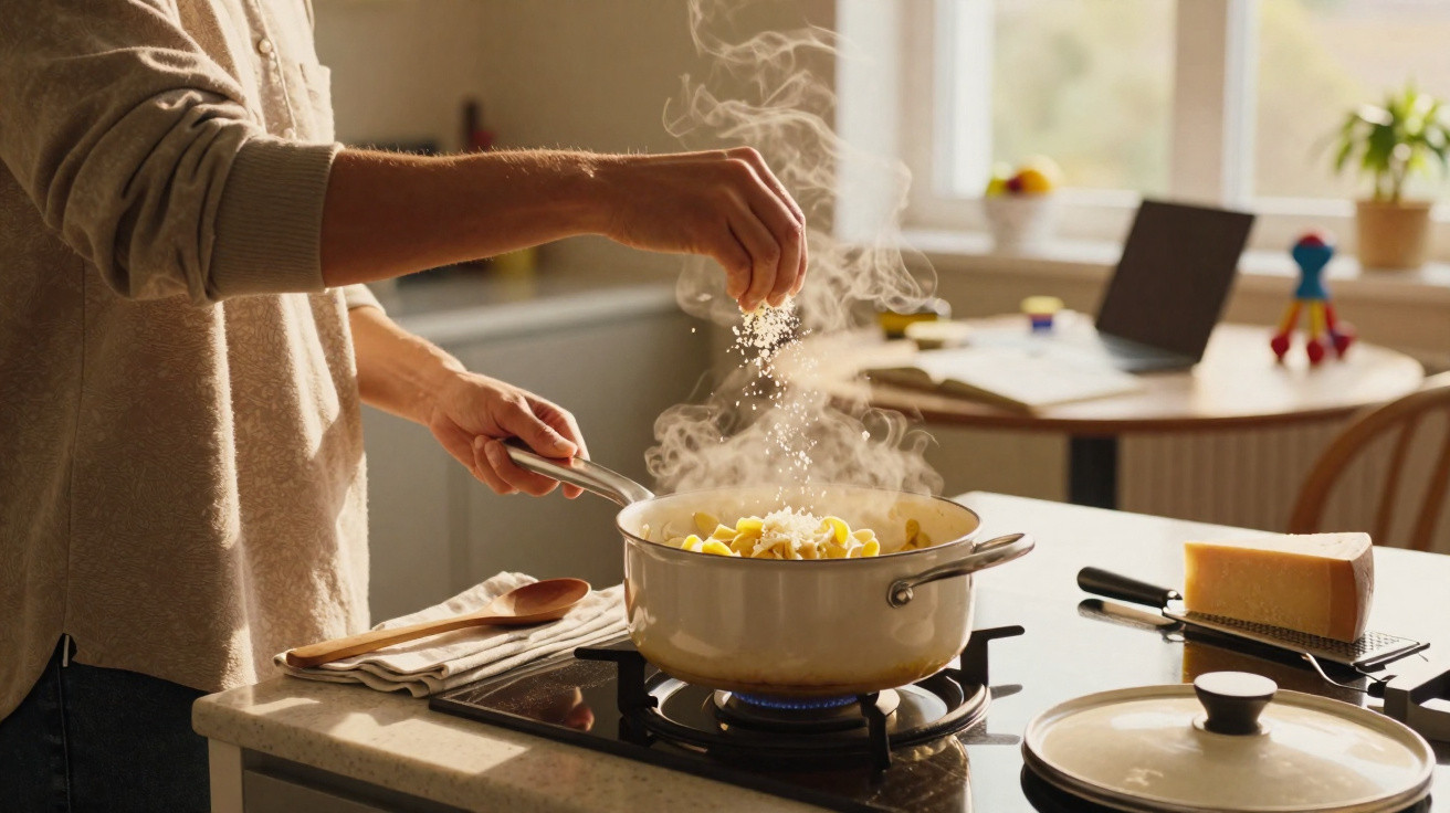 Pessoa a temperar massa a ferver num tacho numa cozinha iluminada e acolhedora.