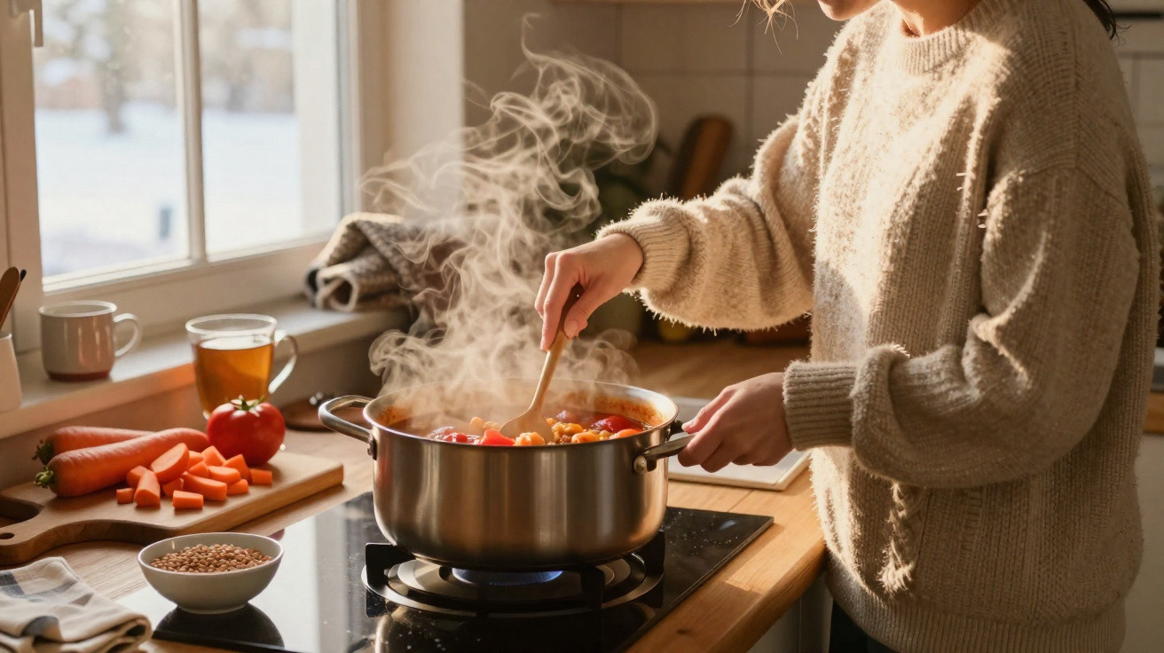 Pessoa a mexer uma sopa a ferver cheia de legumes num tacho na cozinha iluminada a luz natural.