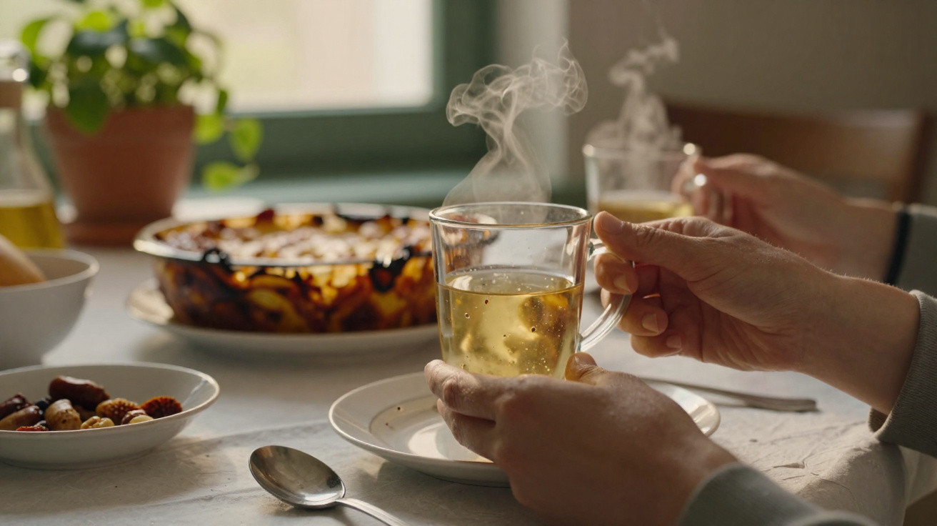 Mãos seguras numa chávena de chá fumegante à mesa com pratos de comida e sobremesa à luz natural.