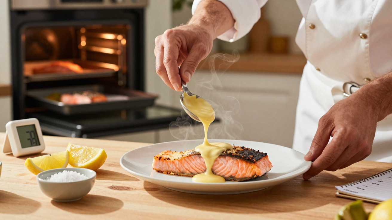Pessoa a servir molho quente de limão sobre salmão grelhado num prato branco numa cozinha.