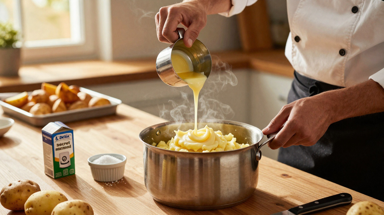 Cozinheiro a verter molho amarelo sobre puré de batata numa panela numa cozinha bem iluminada.