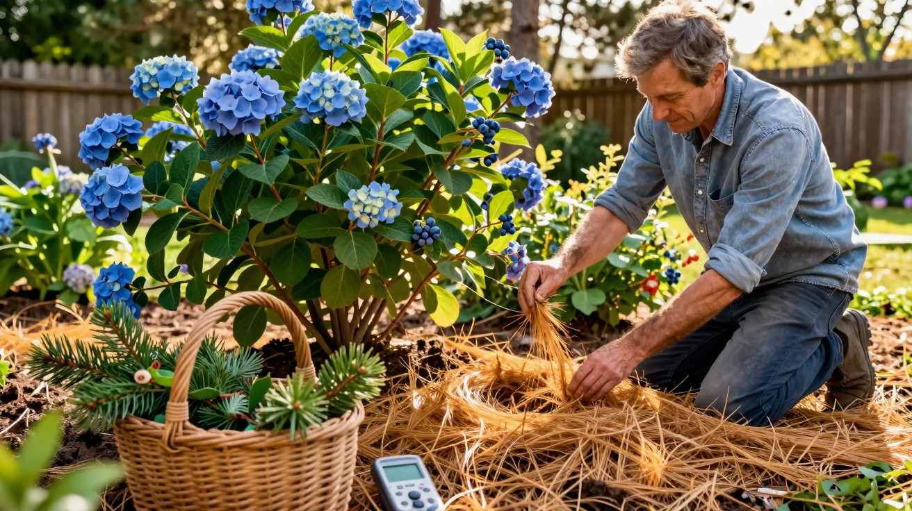 Homem a cuidar de plantas junto a flores azuis num jardim ensolarado, com cesta e ferramentas.