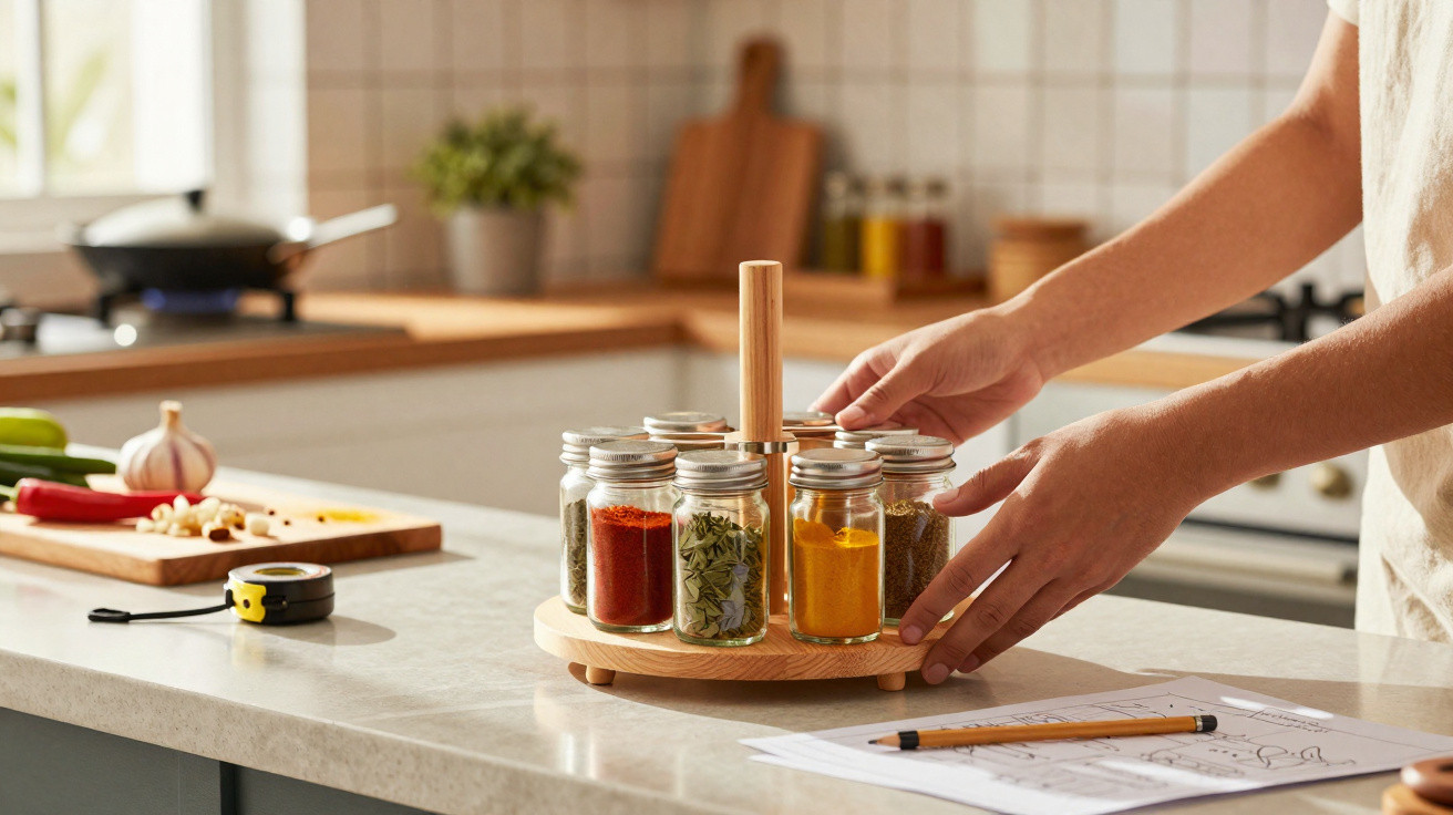 Mãos ajustam frascos de especiarias num organizador giratório de madeira numa cozinha moderna.