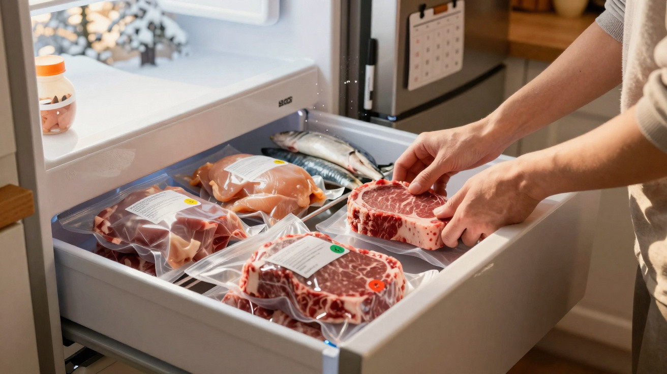 Pessoa a organizar pedaços de carne embalados a vácuo dentro de um congelador aberto numa cozinha.