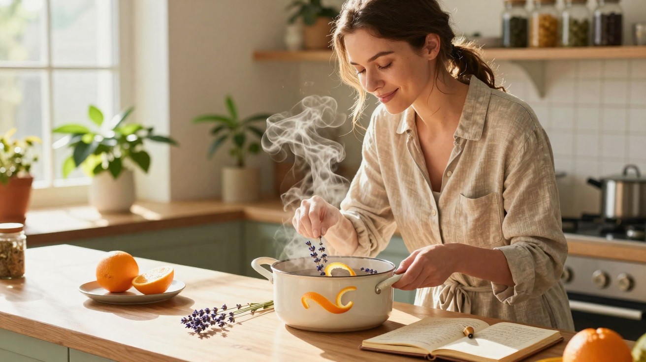 Mulher prepara infusão aromática em panela com casca de laranja e flores numa cozinha iluminada.