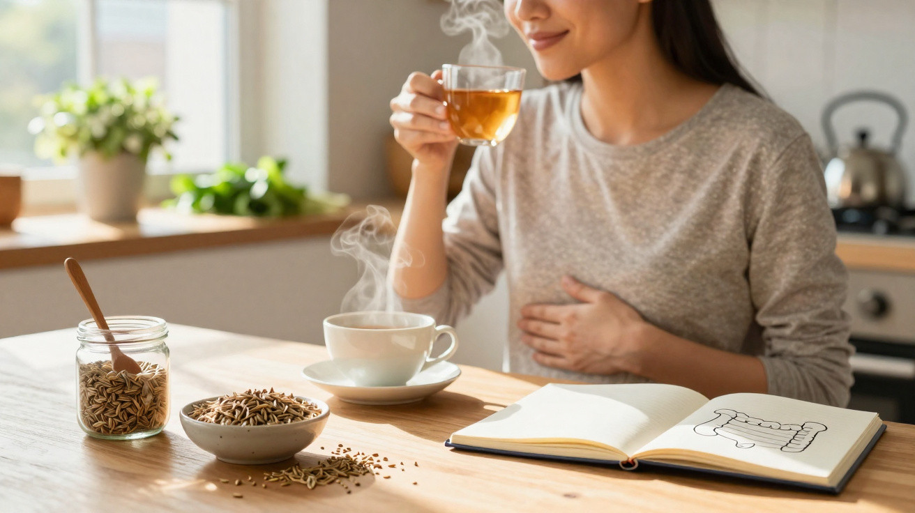 Mulher a beber chá quente sentado à mesa com jarro de sementes e livro aberto com desenho do sistema digestivo.
