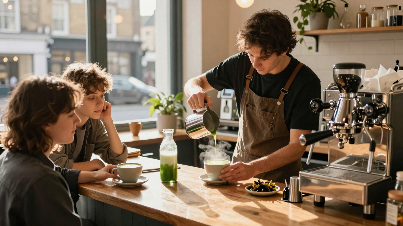 Barista a servir bebida quente num café enquanto duas pessoas observam no balcão.