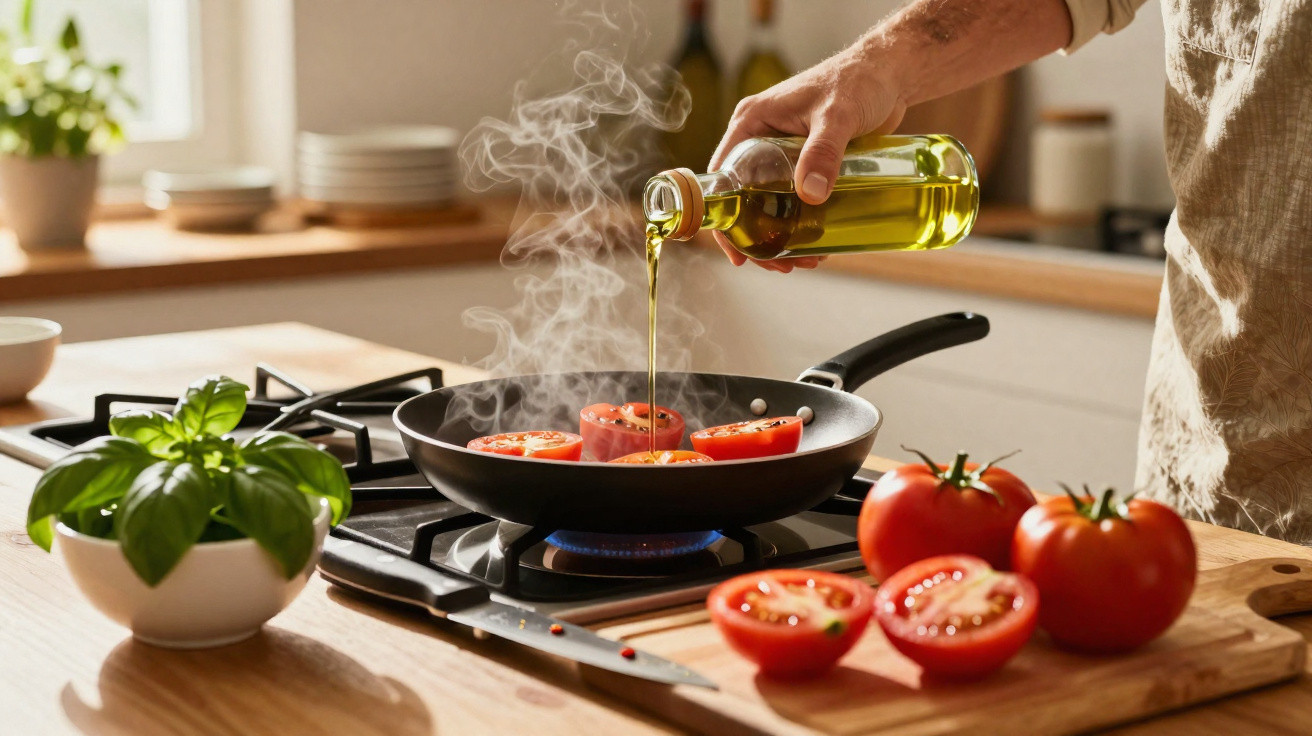 Pessoa a cozinhar tomates na frigideira, regando com azeite, numa cozinha iluminada e organizada.