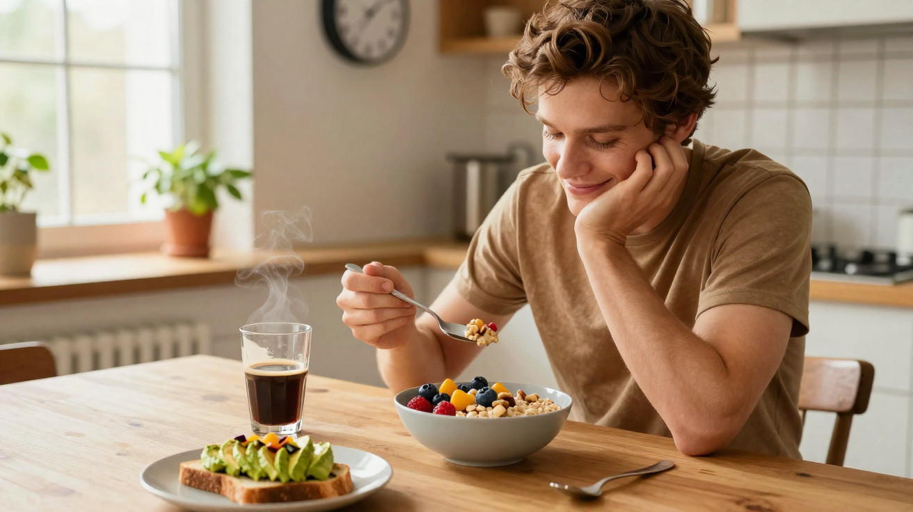 Homem sorridente a comer uma tigela de cereais com frutos vermelhos numa cozinha acolhedora.