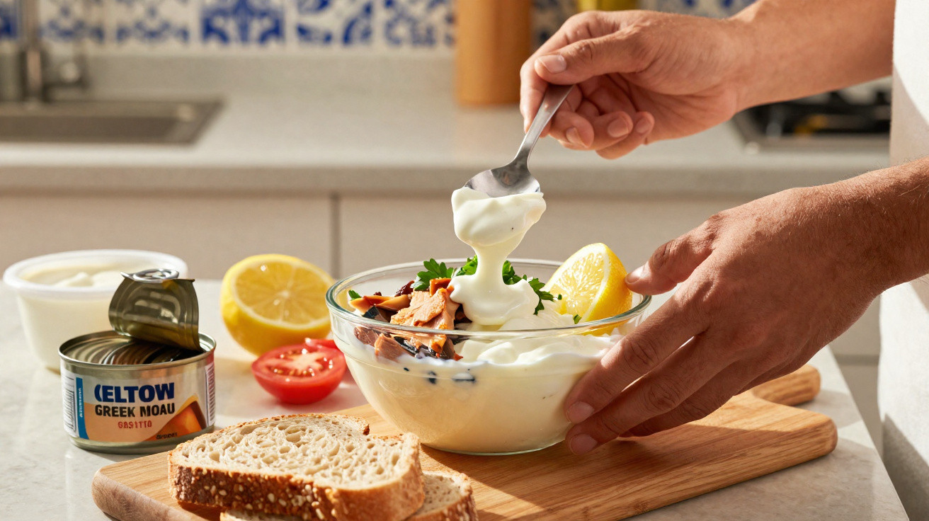 Mãos a colocar molho cremoso sobre prato com atum e legumes, ao lado de pão, tomate, limão e iogurte.