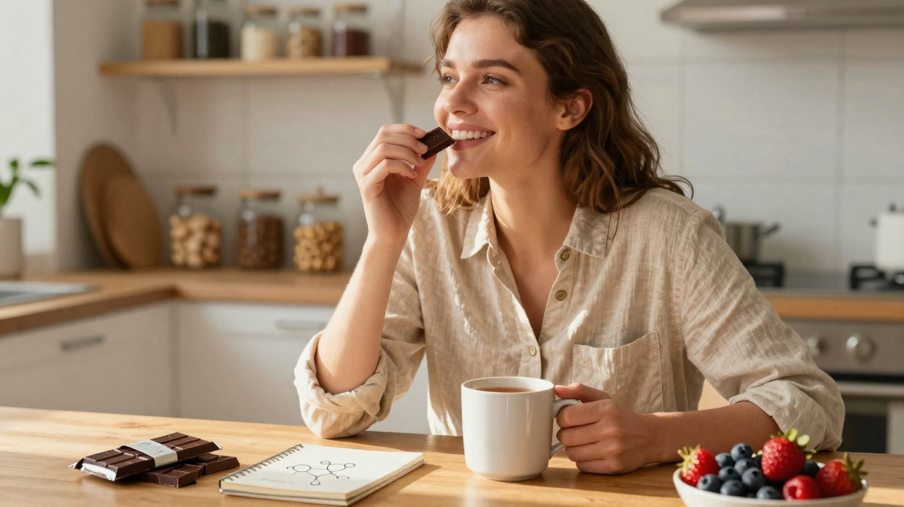 Mulher sorridente a saborear chocolate num ambiente de cozinha com frutas e uma chávena de chá à sua frente.