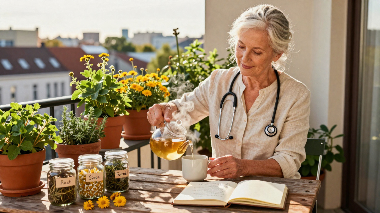 Mulher sénior com estetoscópio a servir chá de ervas numa varanda com plantas e flores ao fundo.