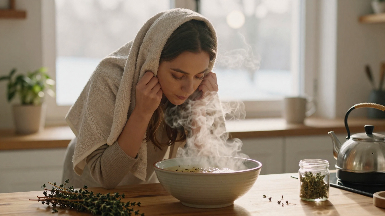 Mulher com toalha na cabeça inalando vapor quente de tigela na cozinha com ervas e chaleira.