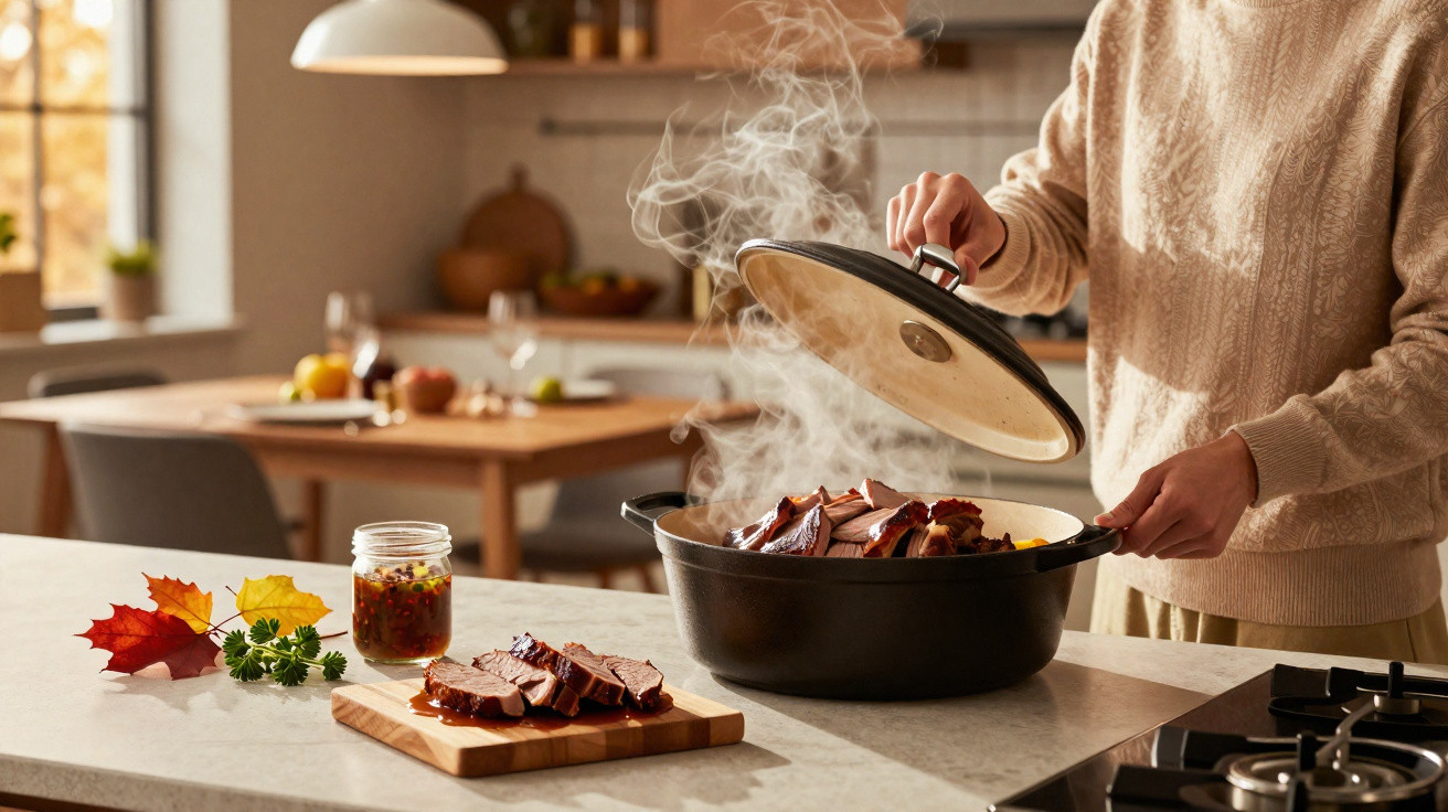 Pessoa a abrir tampa de panela quente com carne assada fatiada e mesa decorada com folhas outonais.
