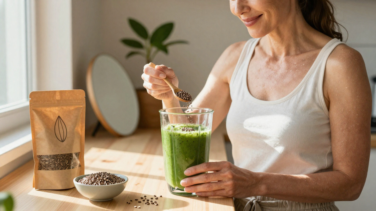Mulher a colocar sementes em smoothie verde num copo, numa cozinha iluminada e moderna.