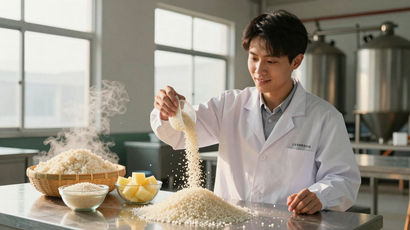 Homem em bata branca a examinar um monte de arroz numa mesa de laboratório com tigelas de arroz ao lado.