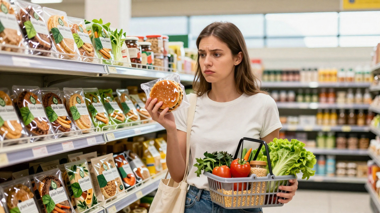 Mulher pensa enquanto segura hambúrguer embalado no supermercado, com cesto cheio de legumes e verduras.