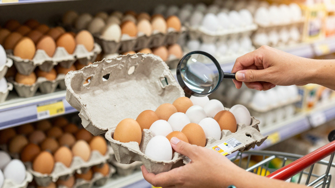 Pessoa inspeciona ovos brancos e cor de castanha com uma lupa num supermercado.