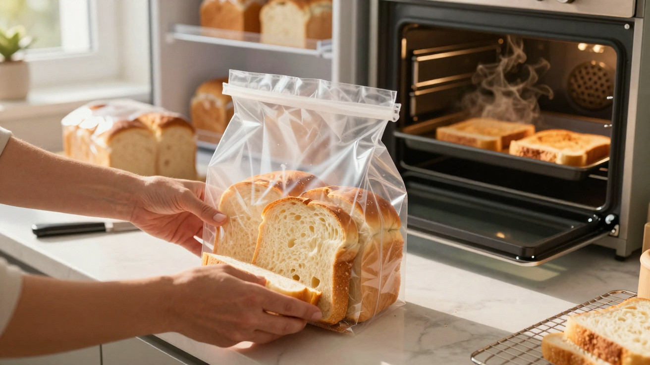 Pessoa a guardar fatias de pão numa embalagem plástica na cozinha, com torradeira e mais pão ao fundo.