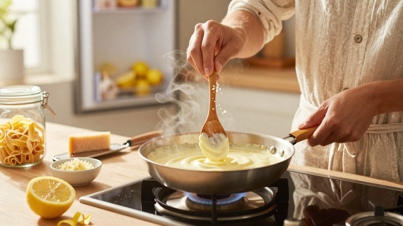 Pessoa a cozinhar molho cremoso numa panela de fogão a gás, adicionando queijo ralado.