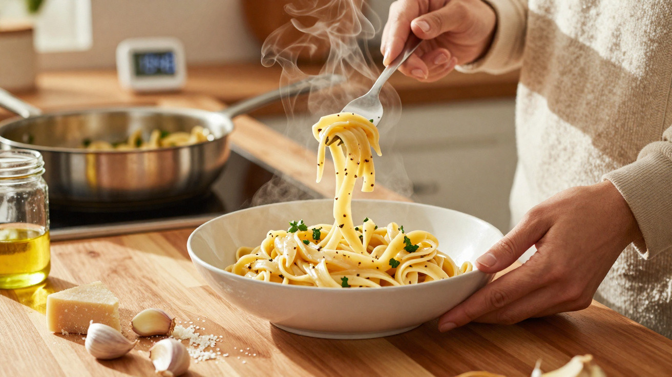 Pessoa a servir massa quente num prato branco na cozinha com ingredientes à volta.